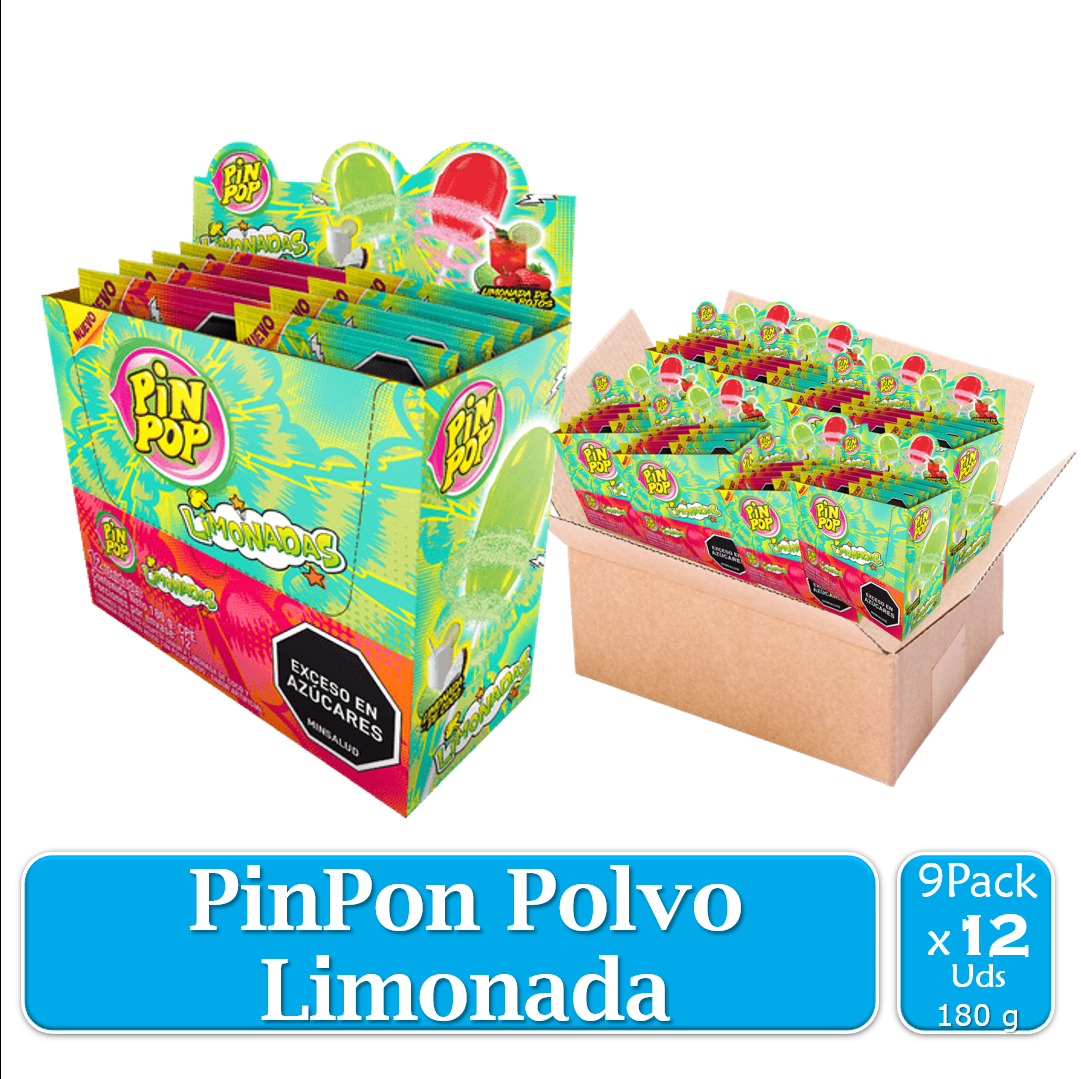 Chupeta Pin Pop con  Polvo Limonada 9 Paquetes X 12 Uds